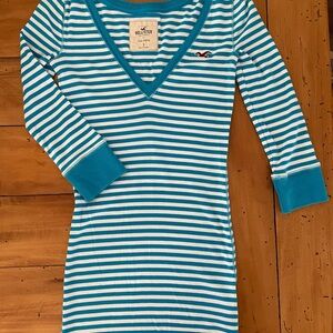 Hollister Teal and White Striped 3/4 length Sleeve Top